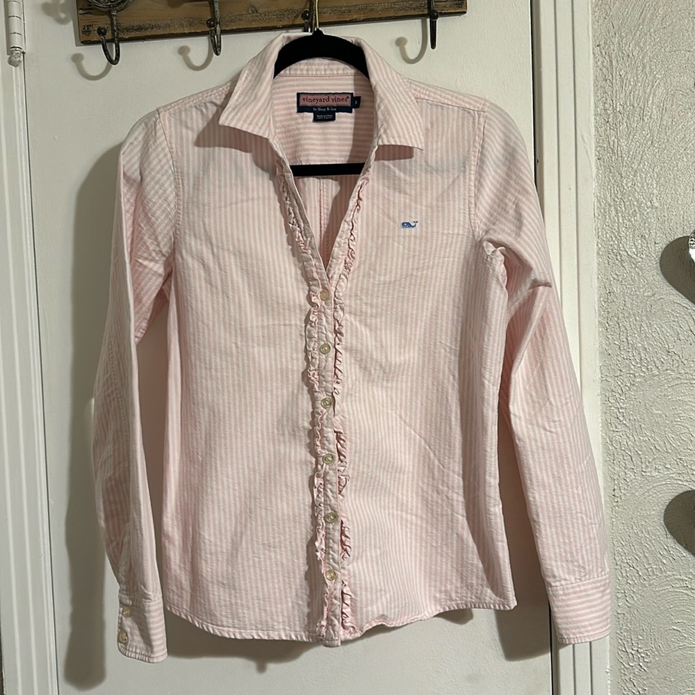 Beautiful vineyard, vines, pink and white stripe, button down with ruffle